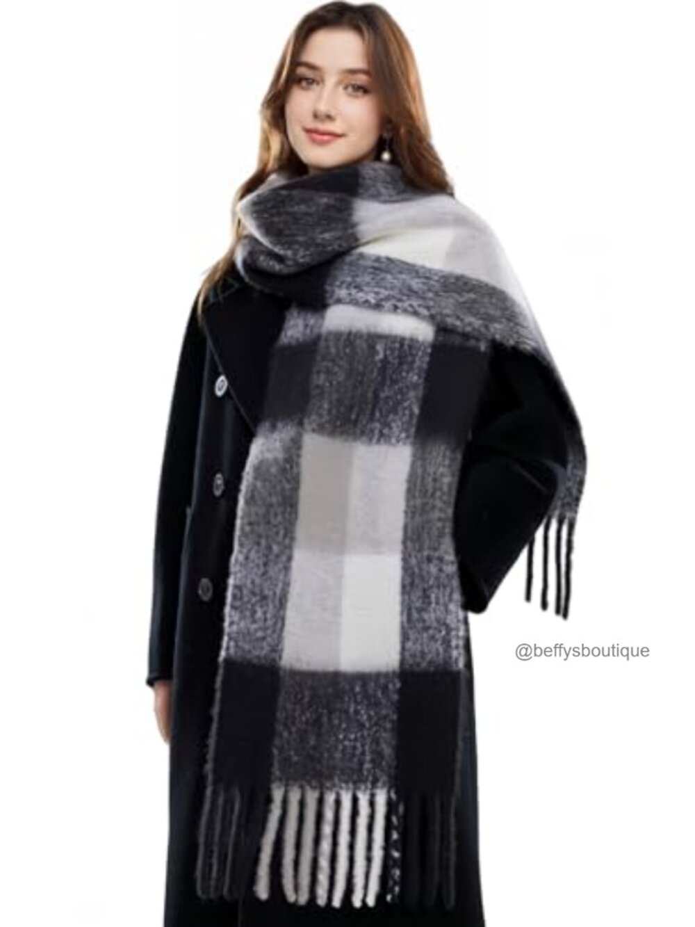 Chunky Plaid Winter Scarf Oversized Long Shawl Tassels Polyester